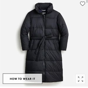 Long black Jcrew puffer coat with tie